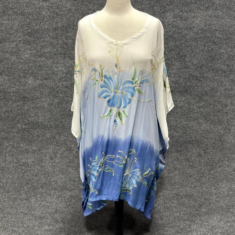 Island Planet Cover Up Womens One Size Blue Floral Embroidered Kaftan Beach Swim